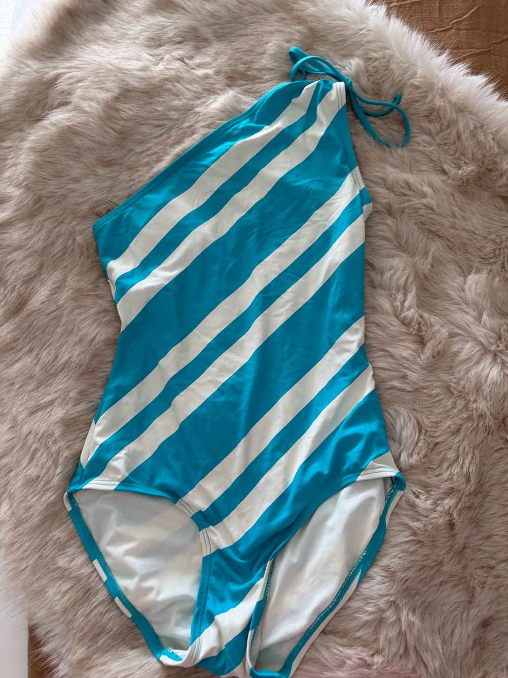 DKNY Turquoise & White One-Shoulder Stripe Swimsuit